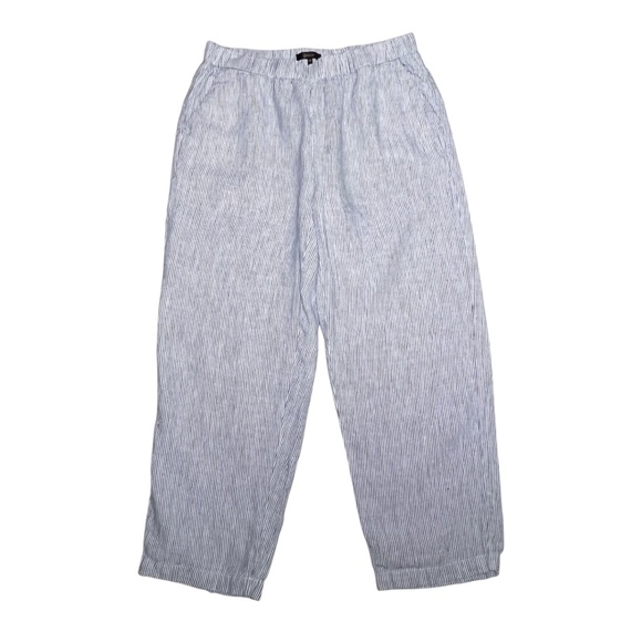Quince 100% European Linen Pants Blue White Pinstripe Cropped Size Medium Preppy - Picture 1 of 9